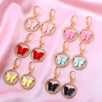 

Flatfoosie Cute Colorful Acrylic Butterfly Drop Earrings for Women Shiny Crystal Circle Geometric Earring Statement Jewelry Gift