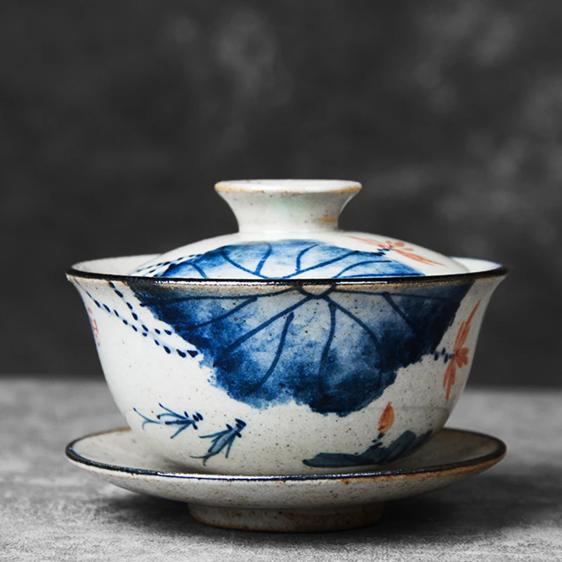 Hand Painted Lotus Gaiwan For Tea Pottery Tureen With Lid Teaware Kung Fu Tea Ceremony Set Coffee Cups Bowls Fish Chawan