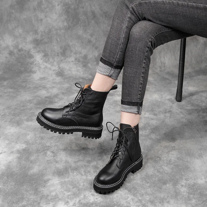 

Real Leather botas mujer Casual Shoes Women Martin Boots Brand Ladies footware Female Ankle Boots Cross-tied Girls Boots Black