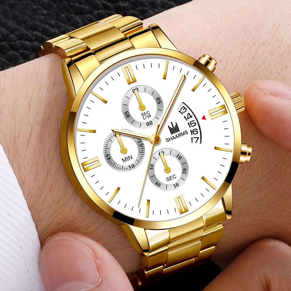 2019 Men luxury business Military Quartz watch golden stainless steel band men watches Date calendar male clock Relogio direct