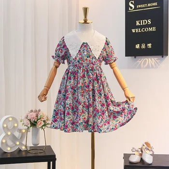 

2020 nian Summer New Girls Embroidered Lapel Temperament Floral Skirt Korean Version of the Children's Waist Puff Sleeve Dress