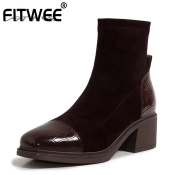 

FITWEE Women Ankle Boots Thick Heel Slip On Shoes Square Toe Winter Warm Boots Women Fashion Daily Footwear Size 35-39