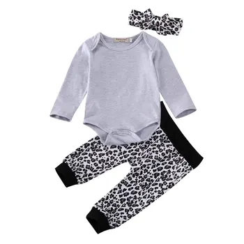 

0-18M Infant Baby Girl Boy Kid Clothes Sets 3pcs Long Sleeves Jumpsuit Tops Leopard Pants Trousers Headband Clothes