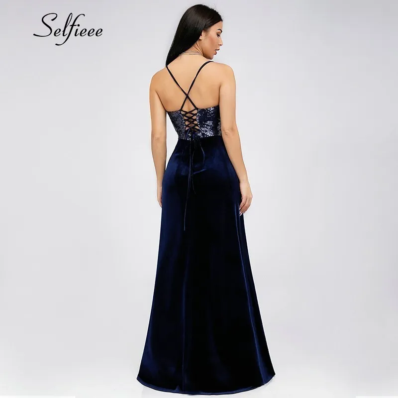 New Arrival Elegant Women Dress Long Sleeveless Sequined V-Neck Spaghetti Strap Elegant Maxi Summer Party Dress Robe Femme