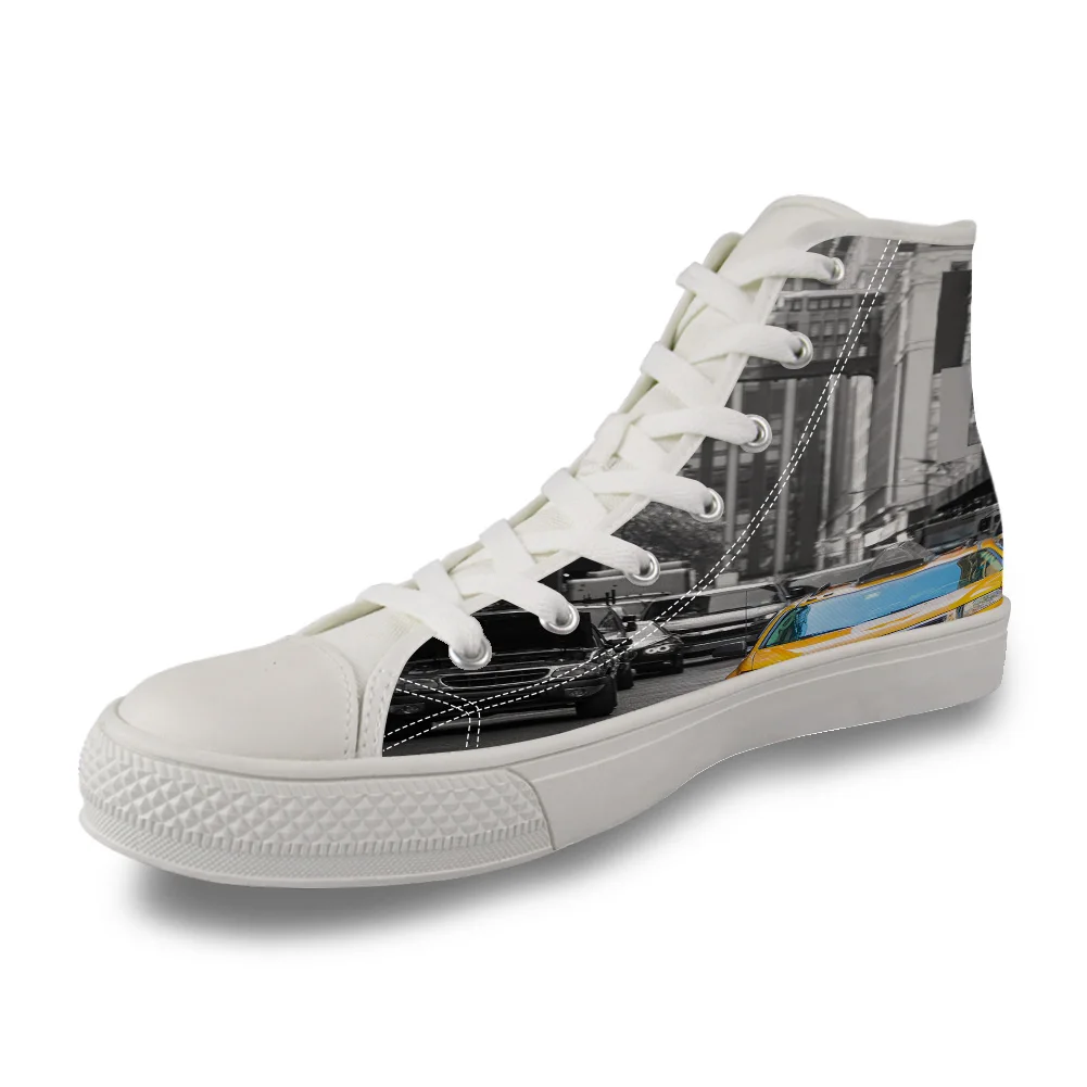 

Manhattan Cityscape Yellow Taxi High Top White Canvas Vulcanized Breathable Shoes
