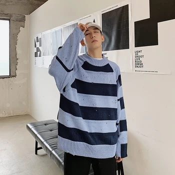 

2019 Men's Round Neck Cashmere Pullover Long Sleeve Stripe Hit Color Knitting Woolen Clothes In Warm Loose Sweater Coats M-2XL
