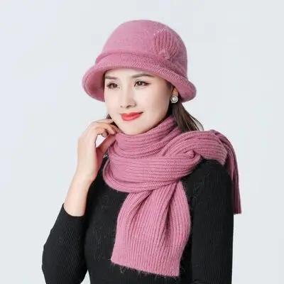 Новая женская меховая женская шапка, однотонный шарф и набор с шапочкой, зимние толстые теплые шапки из кроличьего меха, шапки среднего возраста - Цвет: leather pink 2 pc