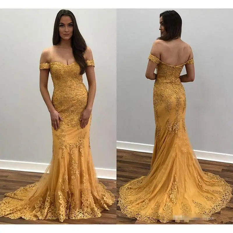 

Vintage Gold Mermaid Evening Dresses Long 2019 vestidos de fiesta de noche Arabic Lace Prom Gowns Off The Shoulder Formal Dress