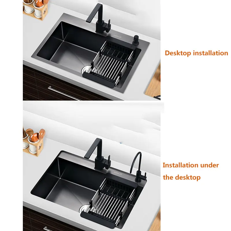 Black single kitchen sink above counter or udermount vegetable washing basin sink kitchen black stainless steel pia black