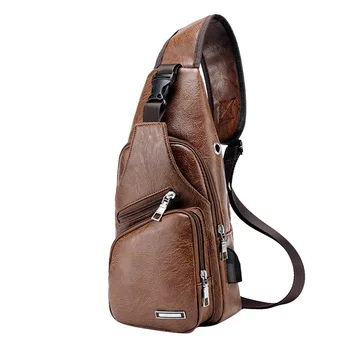 

SHUJIN Chest Bag Men PU Leather Chest Pack USB Backbag With Headphone Hole Functional Travel Organizer Male Sling Waist Bags