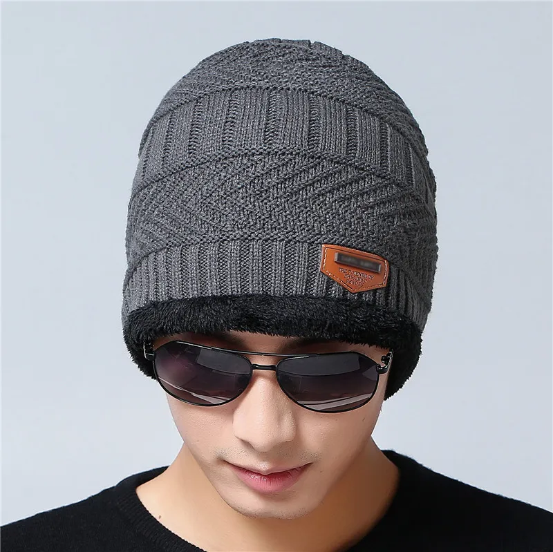 Gray hat 1pcs Зимняя вязаная шапка, шарф, набор, Мужская однотонная теплая шапка, шарфы, мужские зимние уличные аксессуары, шапки, шарф, 2 штуки - Цвет: Gray hat 1pcs