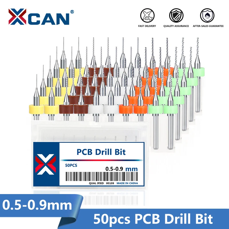 XCAN 50 Stück 0,5–0,9 mm PCB-Bohrer, 1/8 Schaft, Hartmetall-Mikrobohrer für PCB-Leiterplatten-Lochbohrwerkzeug