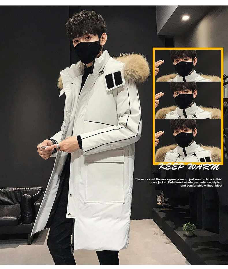 Мужская куртка-пуховик,, стиль, корейский стиль, популярная брендовая, средней длины, теплая, с капюшоном, для подростков, белая, на утином пуху, повседневное пальто