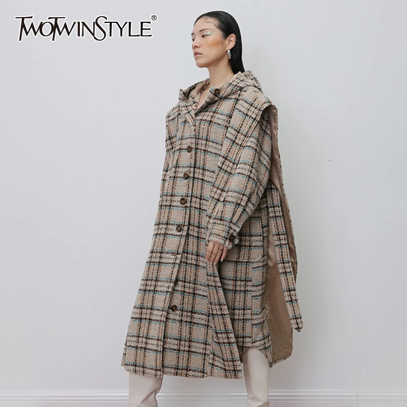 TWOTWINSTYLE корейское клетчатое лоскутное шерстяное пальто для женщин с капюшоном с длинным рукавом большого размера свободные женские пальто осенняя одежда Новинка