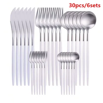 

6Set White Silver Cutlery Set Knife Fork Spoon Tableware Set Stainless Steel Dinnerware Silverware Set Kitchen Dinner Set