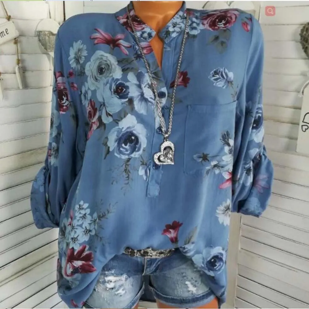 Женская блузка с цветочным принтом, длинный рукав, v-образный вырез, рубашки, сексуальная повседневная одежда для женщин, блузки и топы белого и розового цвета размера плюс, блузки - Цвет: Синий