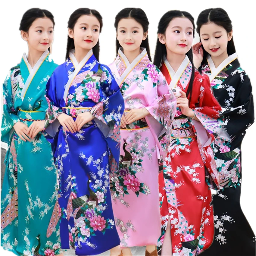 8 видов цветов, традиционное японское кимоно для девочек, азиатское платье Obi, шелковое платье с принтом павлина, с длинными рукавами, модная