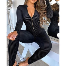 

Women Fashion Casual Spring Wear Jumpsuits Overalls Solid Long Sleeve Zipper Design Jumpsuit