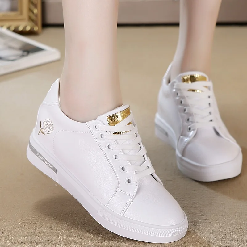

2019 Spring New Style Elevator Shoes White Embroidery Flowers Korean-style Versatile Sports Casual Students WOMEN'S Shoes