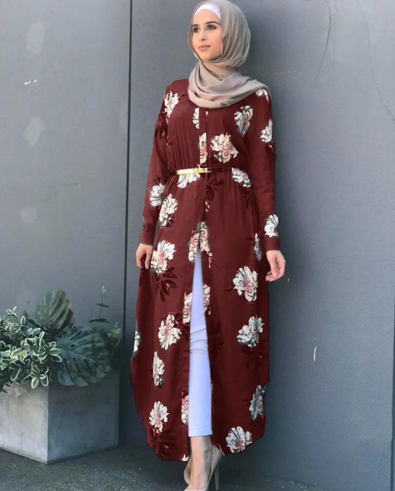Дубай, арабское мусульманское платье абайя, Женские Новые халаты, темпераментный принт, цветочный принт, тонкий длинный рукав, исламское повседневное длинное платье размера плюс 5xl - Цвет: Красный
