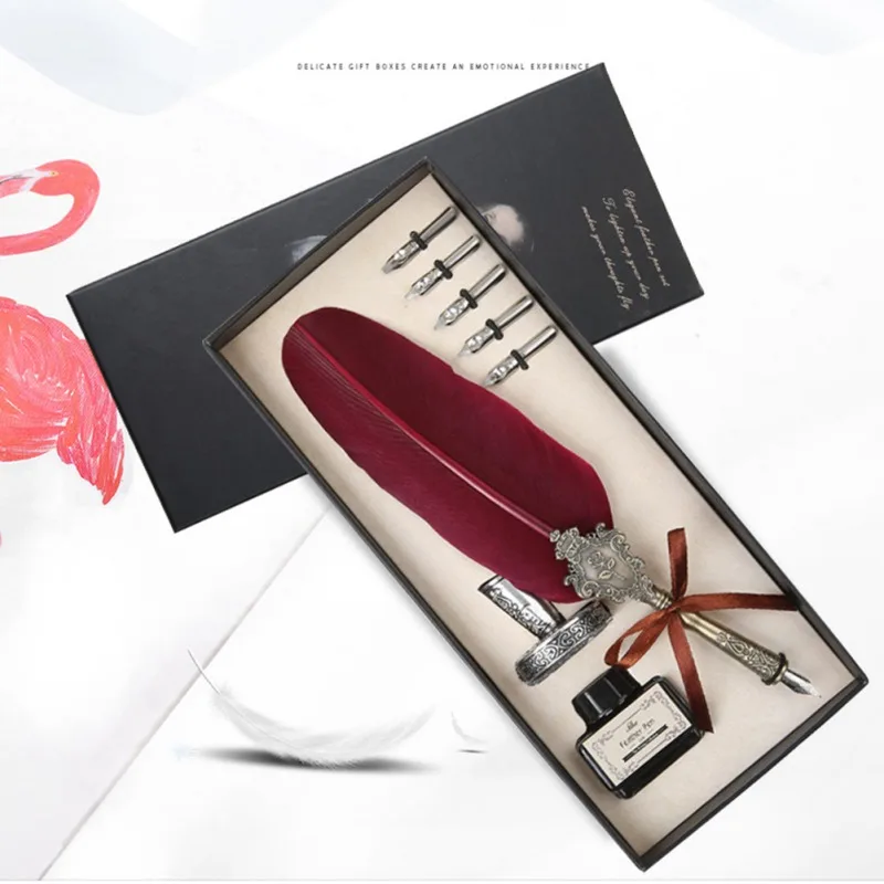 

Writing Beautiful Gift Box Retro Feather Pen Set European Metal Nib Quill Pen for Party Wedding Birthday Gift