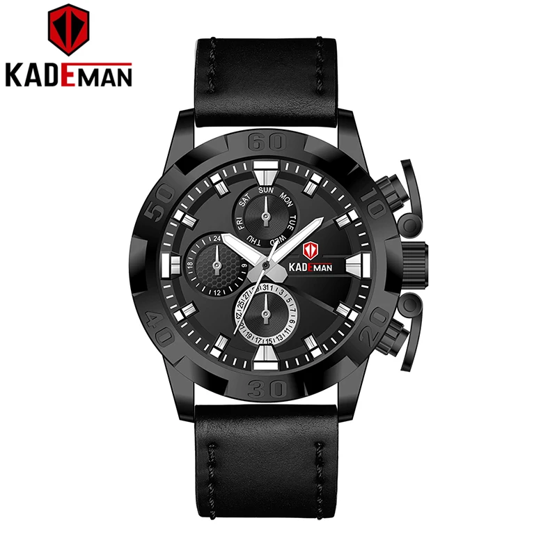 Relogio Masculino KADEMAN мужские часы люксовый бренд мужские часы кожаный ремешок наручные часы Хронограф Военная неделя Дата кварцевые - Цвет: All black