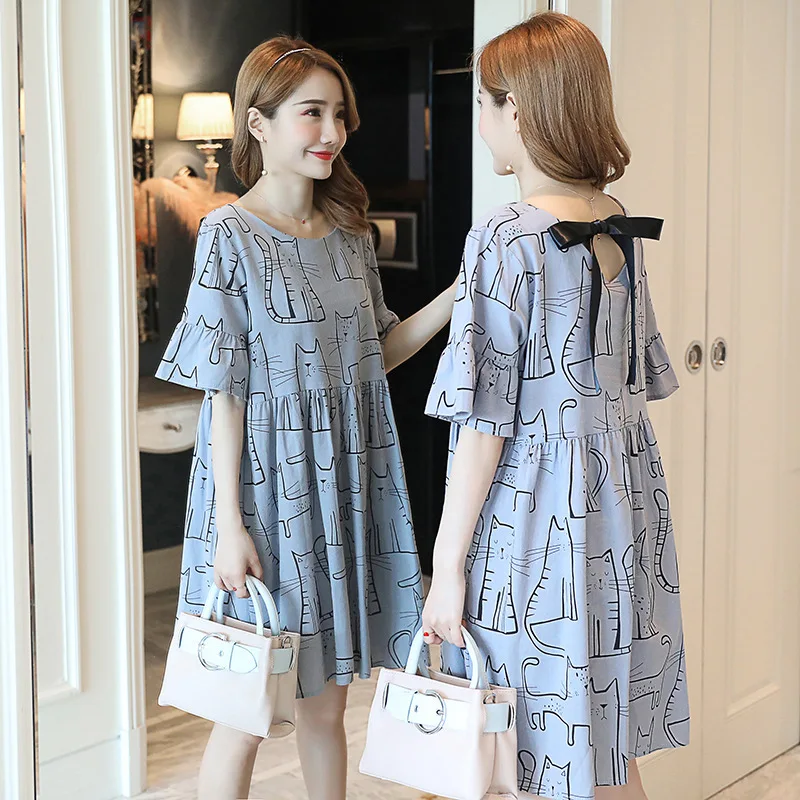 

Summer Casual Hipster Dress Loose Fat Mm Large Size Dress Bow Printed Dress Large Sway Skirt