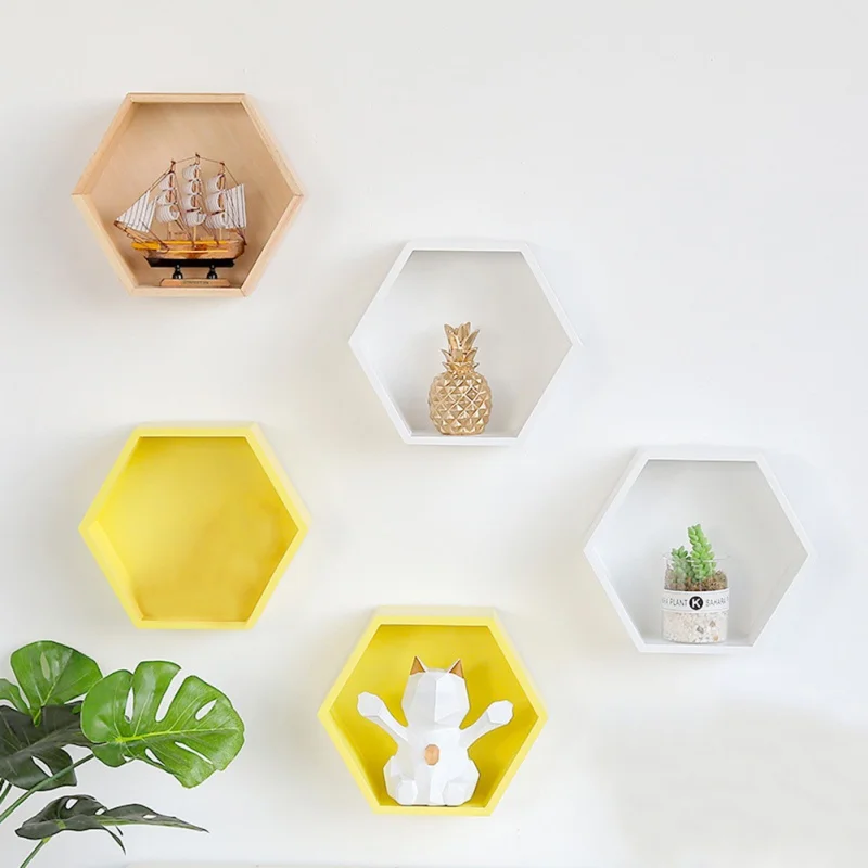 

Solid Color Wood Wall Mounted Storage Rack Hexagonal Storage Holder Household Finishing Frame Wooden Wall Decoration