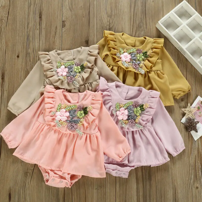 Autumn Kids Baby Girl Clothes Ruffle 3D Flower Long Sleeve Romper Jumpsuit Outfits