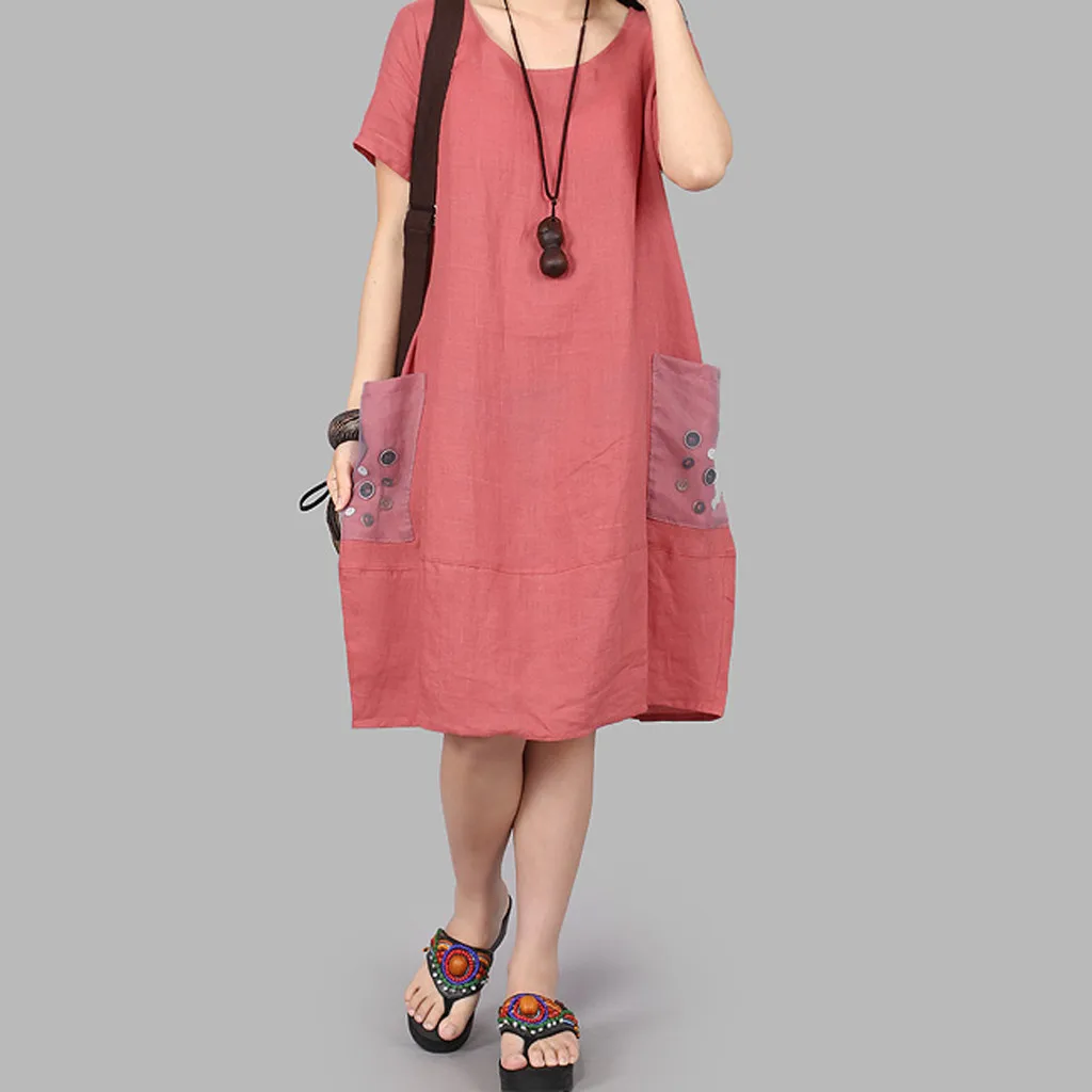 large size Women's Dresses Fashion Pocket O-neck dress Summer loose short-sleeved Dresses