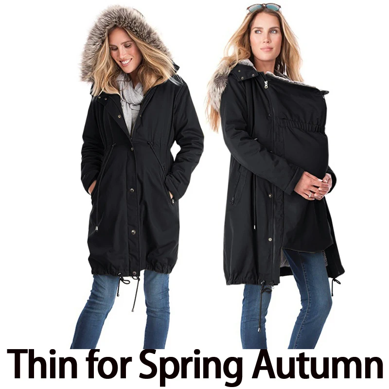 Thin for Spring Fall Куртки для беременных; пальто для мамы; одежда с кенгуру; пальто с капюшоном для ребенка; ветровка для беременных женщин; Верхняя одежда с меховым воротником для мамы - Цвет: Thin for Spring Fall