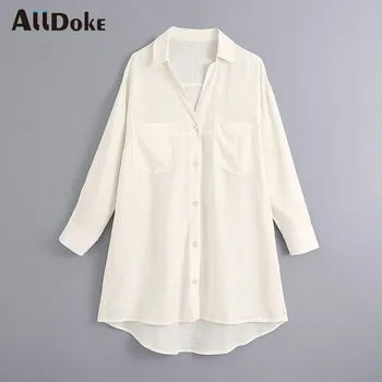 

ALLDOKE white casual double pockets blouse women summer turn down collar long sleeve oversized tops shirt vintage blouses blusas