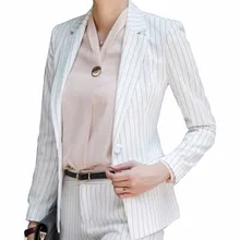 Офисный женский формальный полосатый Блейзер Тонкий деловой Женский Осенний Зубчатый воротник полный рукав блейзер с карманами костюм куртки размера плюс