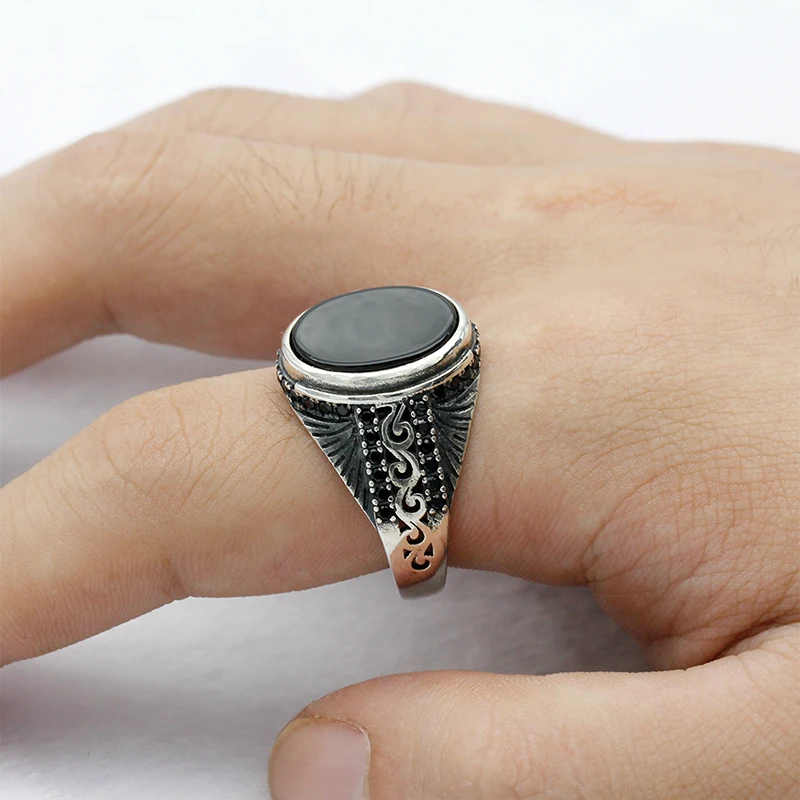 Turkish 925 Sterling Silver Black Natural Agate Stone Garnet Men Ring Punk Silver Finger Rings for Man Fine Making Jewelry