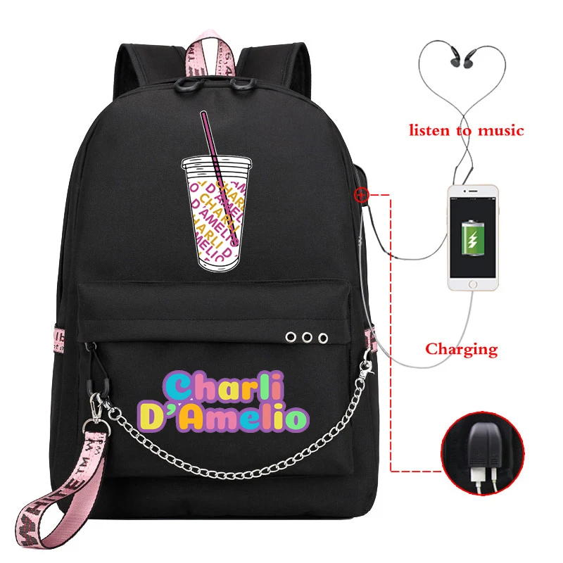 Розовый рюкзак Mochila Charli Damelio с usb-зарядкой школьные сумки для девочек-подростков