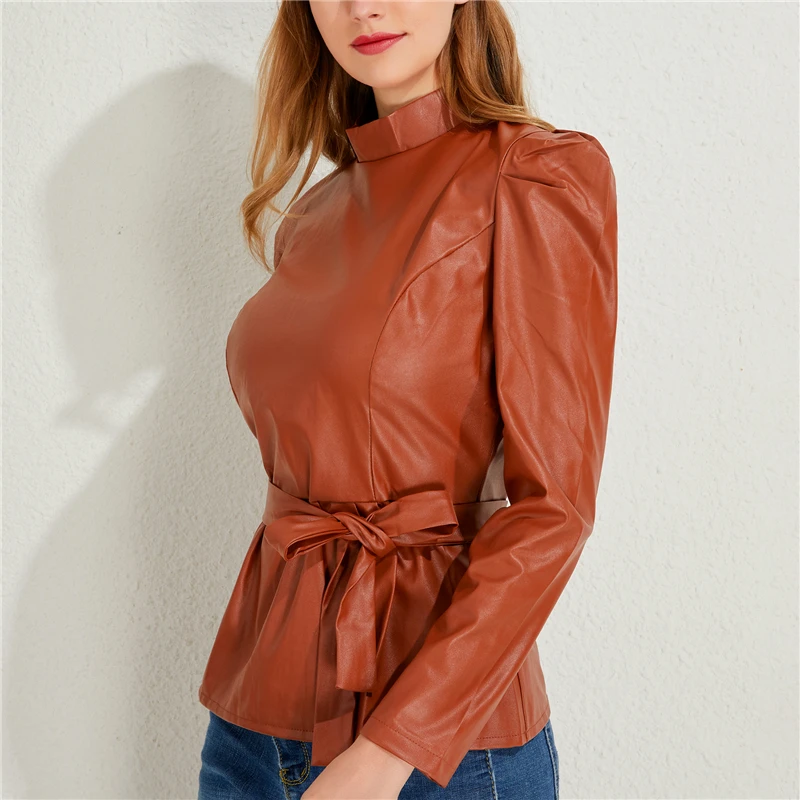 long down coat Turtleneck Pu Leather Ladies Blouse High Street Puff Sleeve Shirts Autumn Solid Sashes Back Zipper Pullover Fashion Female Shirt long puffer coat womens