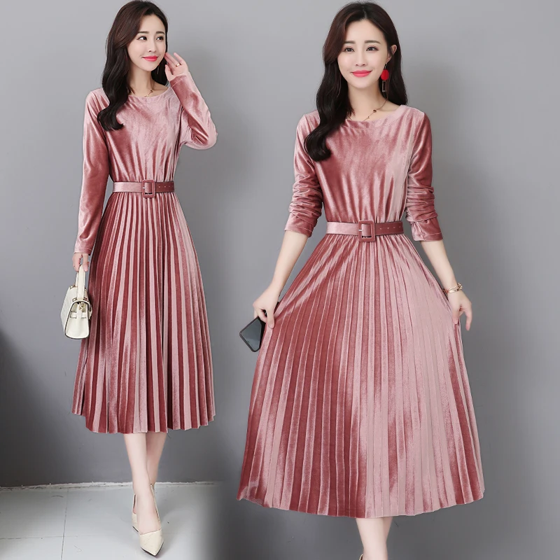Retro Elegant Dress Women Autumn Winter Pink Velvet Dress Female Solid O-Neck Party Pleated Dress Vestidos with belt - Цвет: Розовый