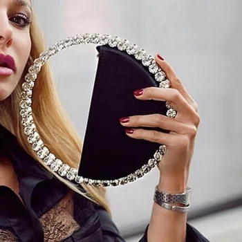 

Women INS Diamond Circular Evening Bag Women Round Handle Rhinestone Dinner Clutch Purse Ladies Half Moon Handbag Purse