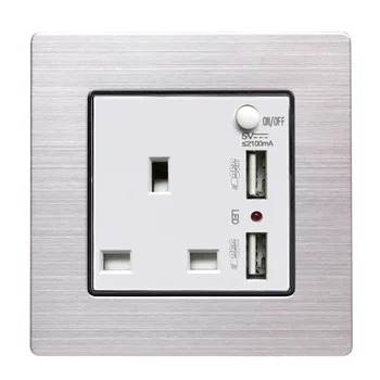 

13A UK BS Tempered Glass Panel Socket with Double USB 2100mA Charging Ports, Wall Power Outlet Plate 3 Pin