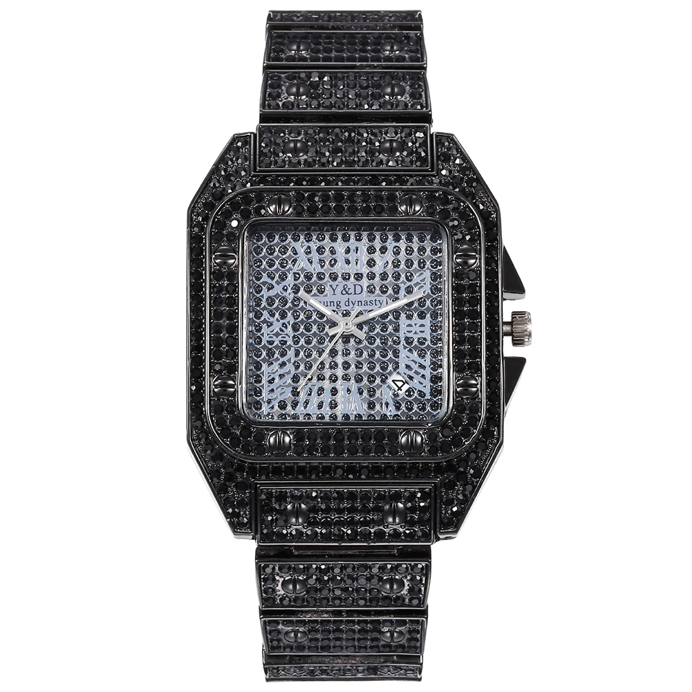 Super Shine Hip Hop Iced Out Men Watch Square Diaond Quartz Mens Wrist Watches Gold Roan Calendar Steel Clock_voghion.com