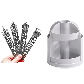 

4 Pcs Horse Birdcage Hollow Metal Bookmark Ruler & 1 Pcs Rotating Pen Pencil Holder Desk Organizer