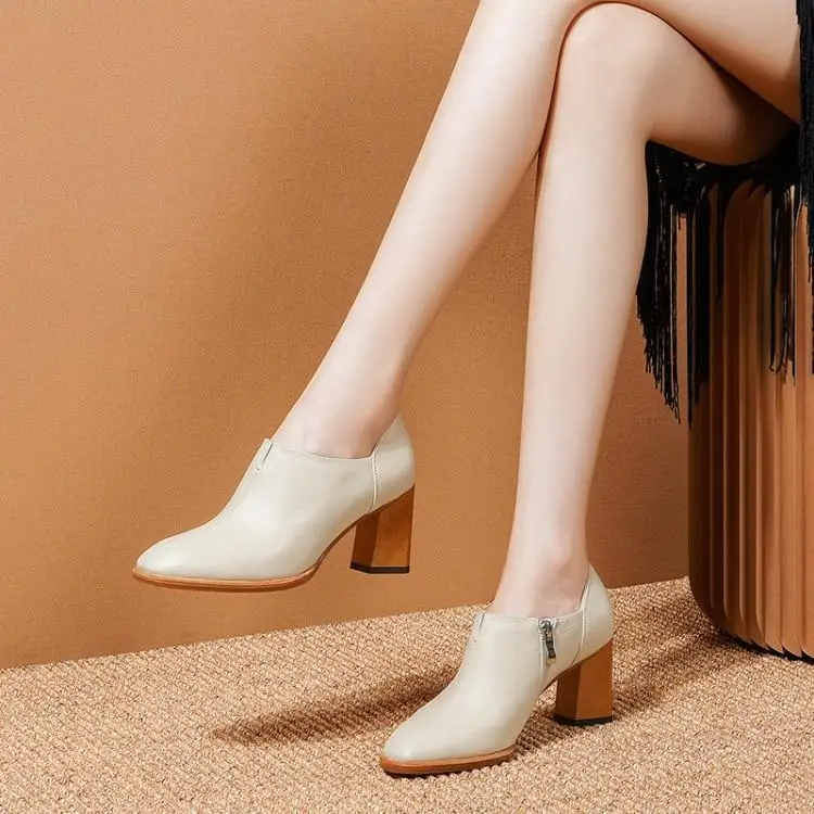 

Single shoe leather high heels thick with deep mouth high-heeled shoes head layer cowhide 7 cm