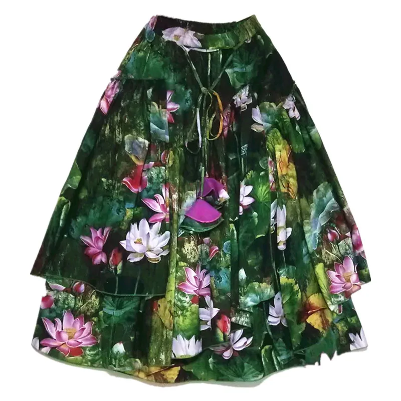 Free Shipping 2023 New Fashion Long Maxi A-line Elastic Waist Women Cotton And Linen Plus Size S-2XL Flower Print Skirts