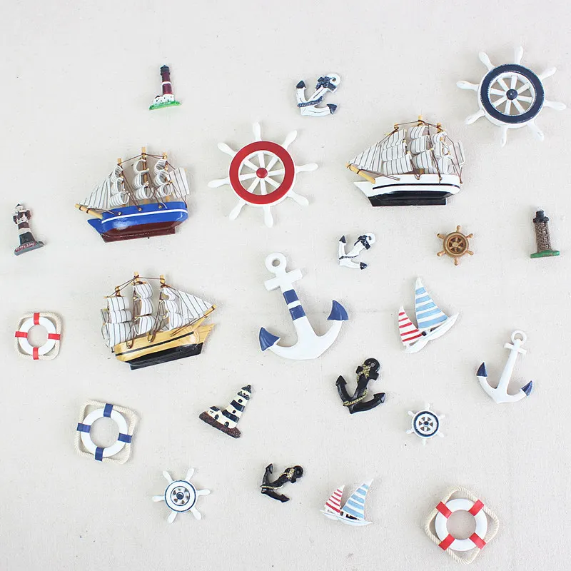 

Mediterranean Style Resin Starfish Sailboat Lighthouse Helmsman Anchor Sea Bird Swim Ring Wall Stickers Fridge Decoration