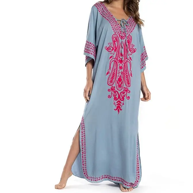 Embroidery Kaftan Beach Tunic Cotton Beach Cover up Saida de Praia Swimsuit Women Bikini cover up Pareo Sarong Beachwear