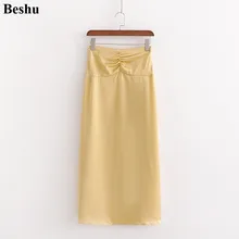 Za, модные длинные юбки для женщин, Желтые атласные юбки средней длины с эластичной талией, с высокой талией, драпированные, с оборкой, простые, элегантные, vestidos