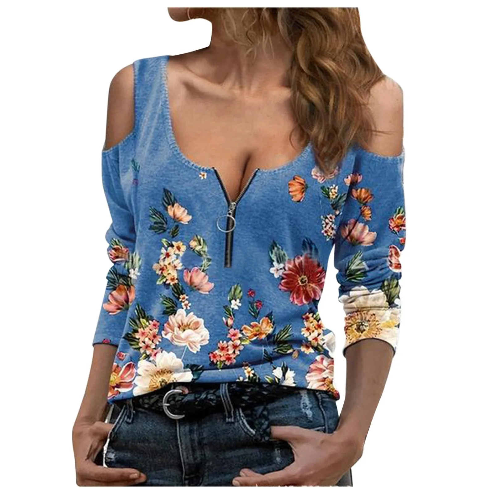 Open Shoulder Casual Tops Blusas Mujer De Moda t shirt Femme  Women's Long Sleeve tops O-neck Zipper Loose Floral Print tops 2