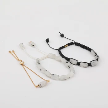 

10Pcs/Lot Natural White Moonlight Stone Nugget Beads Cord Knotted Woven Adjustable Bracelet Women Gold Chains Bracelet Jewelry