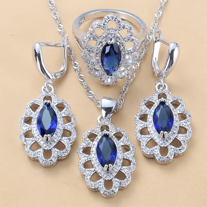Perfect Bridal Costume Jewelry Sets With Natural Stone CZ Blue Dangle Earrings Necklace And Ring Wedding Party | Украшения и