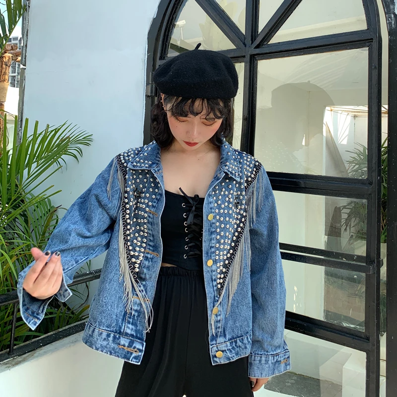 New Women Autumn Hand-studded Rivet Tassel Chain Short Jeans Coat Woman's Loose Jacket Coat Fashion Streetwear Denim Jacket